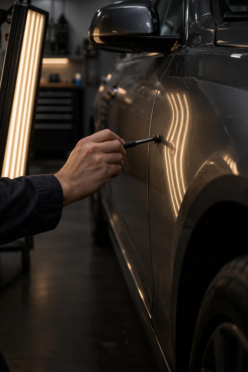Technician inspecting a car panel with a PDR tool and reflection lighting
